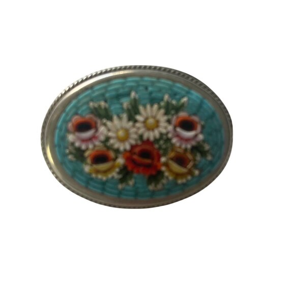 Vintage Micro Mosaic Floral Oval Brooch Pin Blue Silver Tone Setting Feminine - Picture 2 of 7